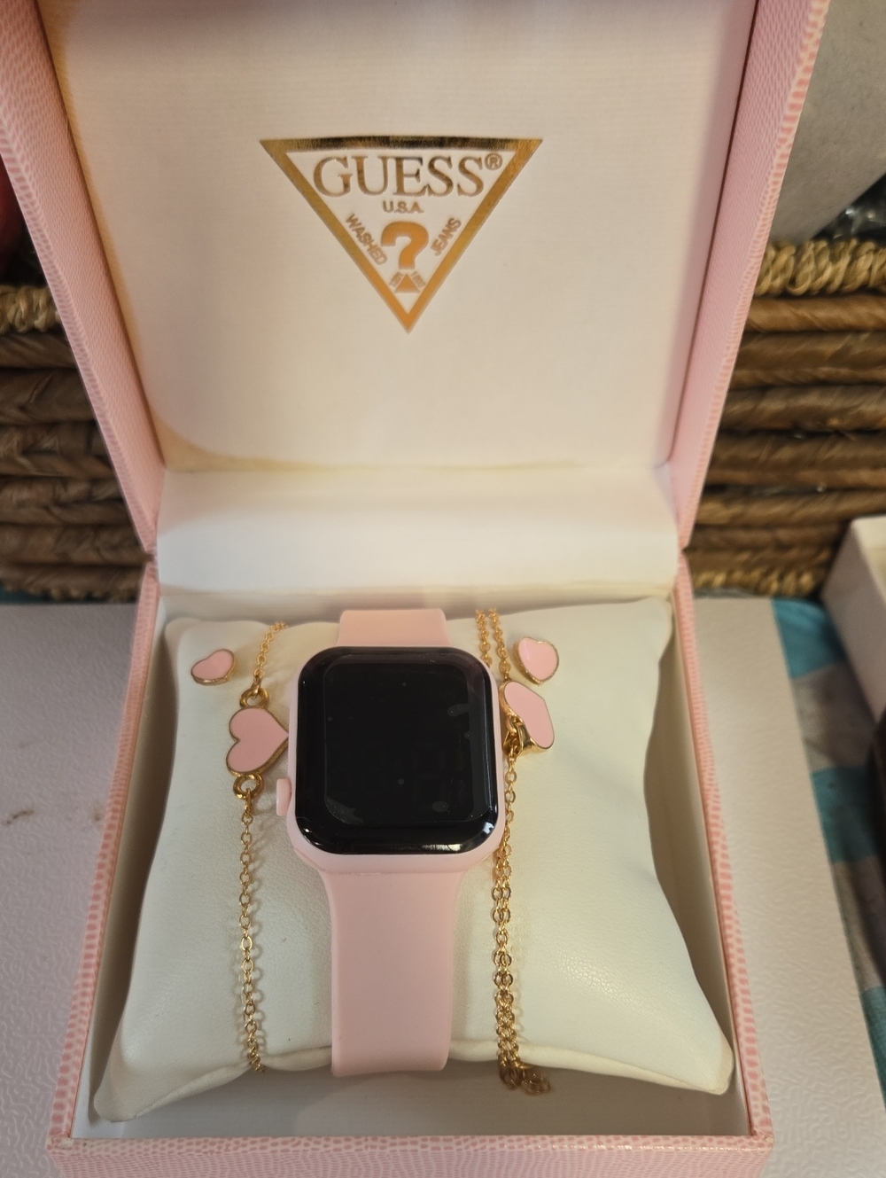 GUESS Pink Silicone Watch with Gold Heart Charm Bracelet Necklace And Earrings